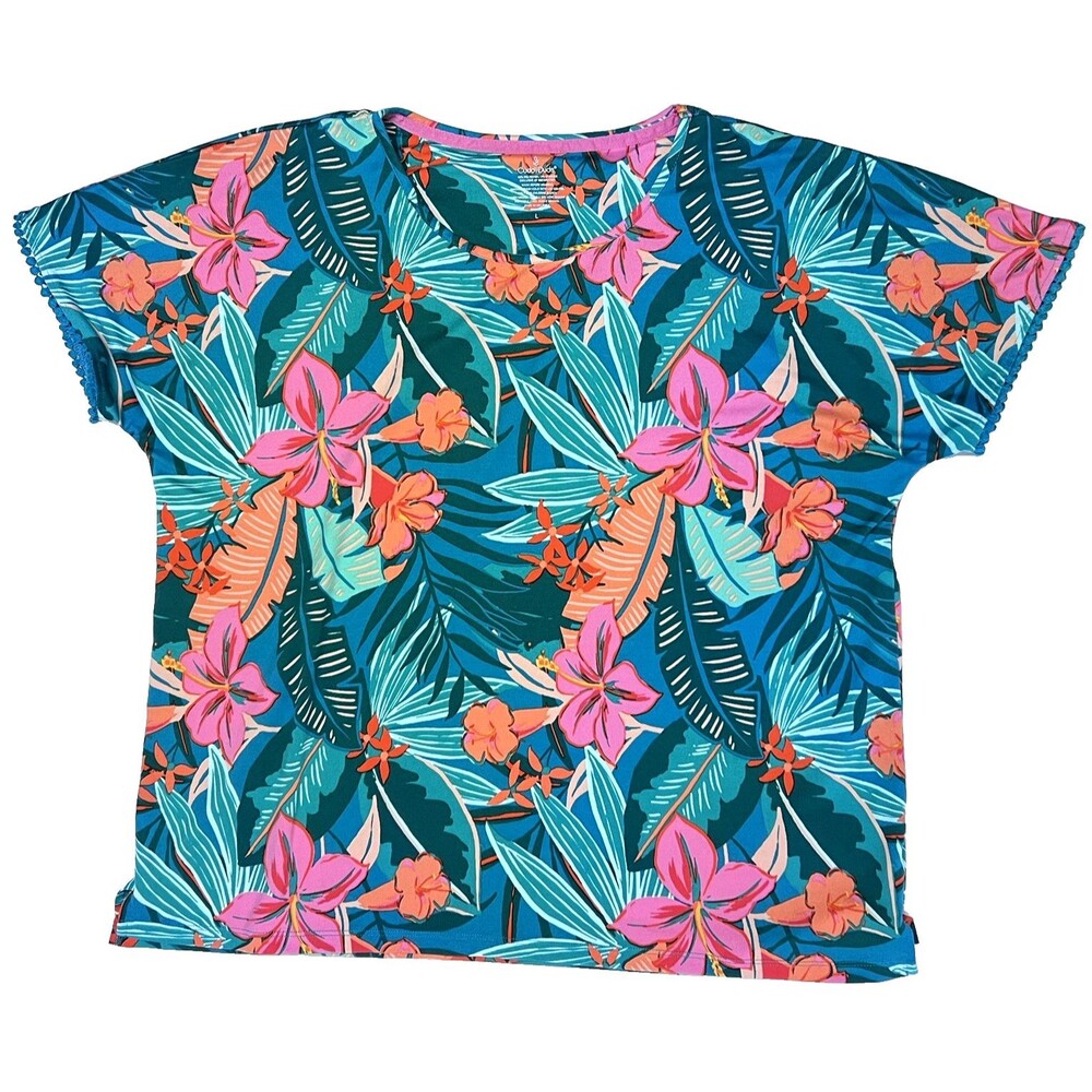 Cuddl Duds Women’s Tropical Floral Lounge Pajama Round Neck Top Tee Size Large